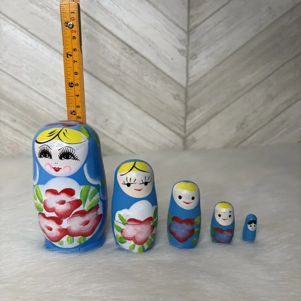 5 Pc Matryoshka Nesting Dolls Hand Painted Blue Floral Babushka Russian Wood